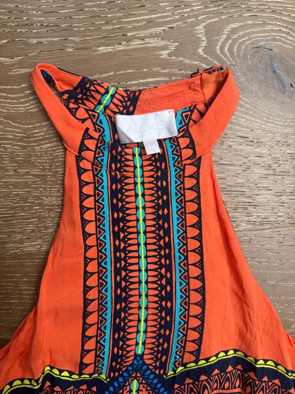 Alexis Orange Tribal Print Halter Mini Dress Size L Boho Resort - Picture 3 of 4